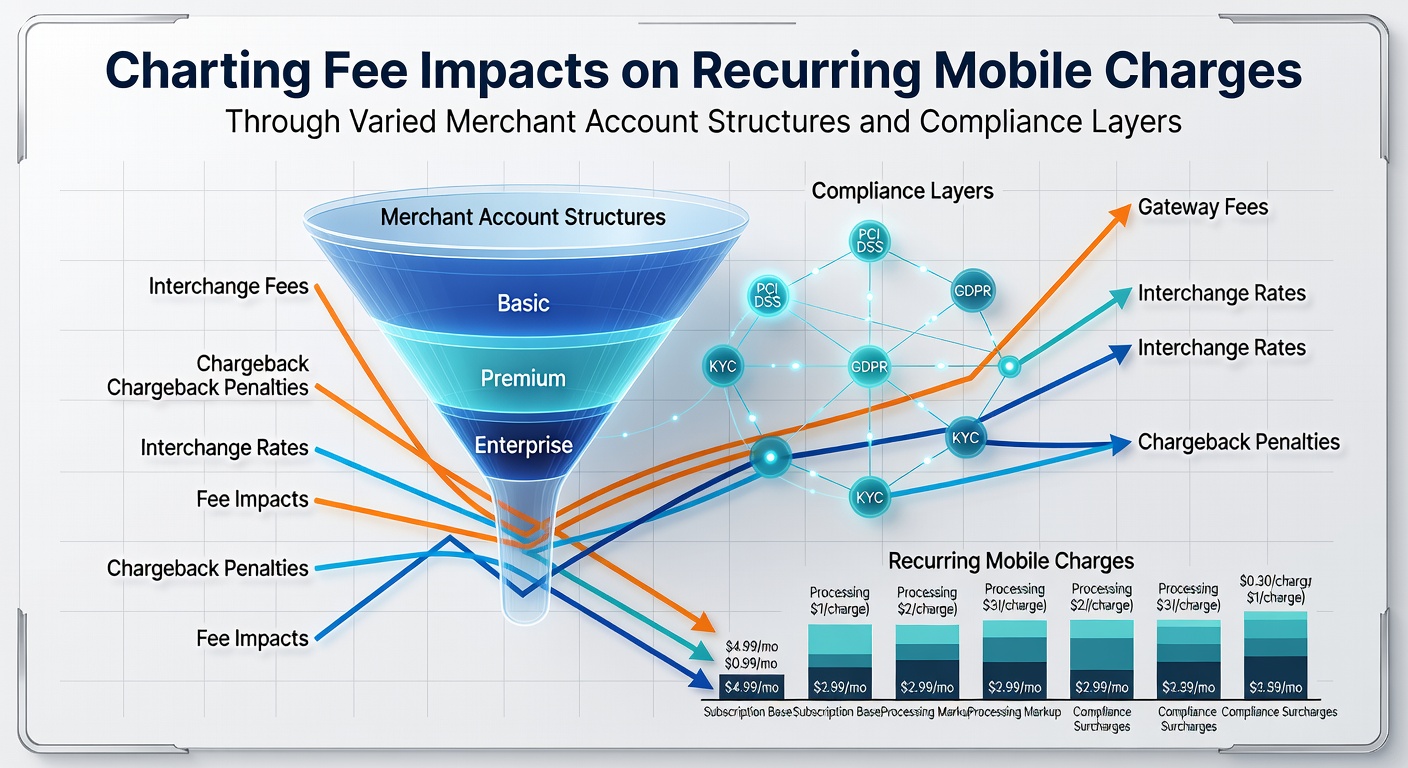 Illustration showing various merchant account structures impacting recurring mobile payment fees with compliance elements visualized
