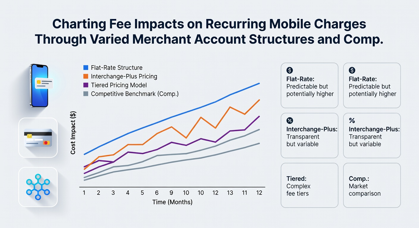 Chart displaying fee breakdown for recurring mobile charges under different merchant accounts and compliance layers