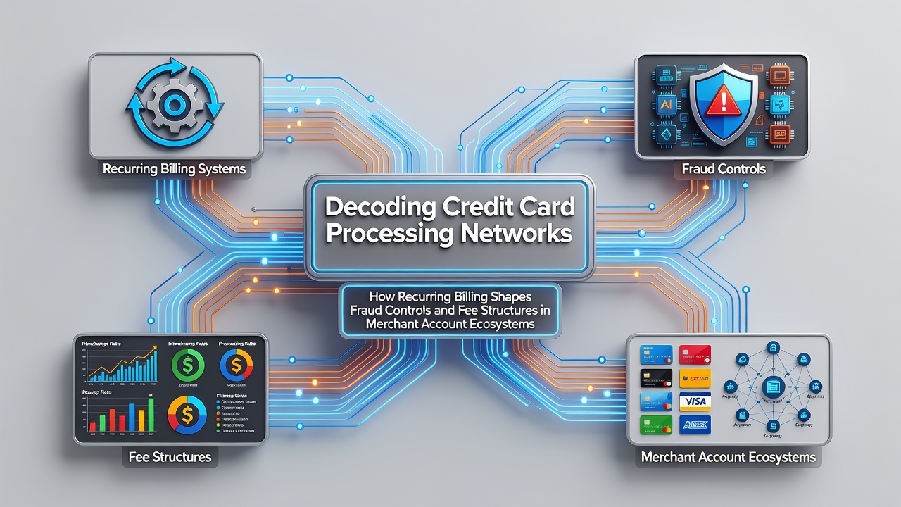 Overview of credit card processing networks showing connections between merchants, acquirers, and card networks