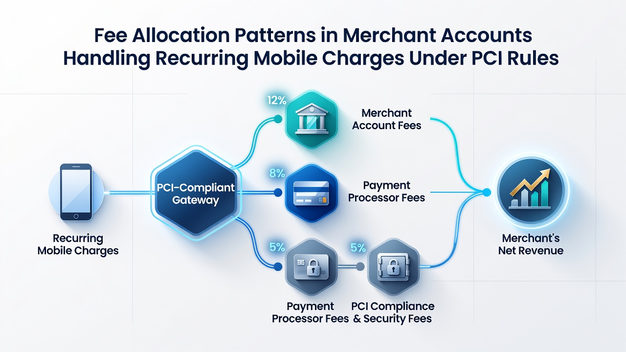 Fee allocation diagram showing recurring mobile charge processing flows under PCI compliance requirements