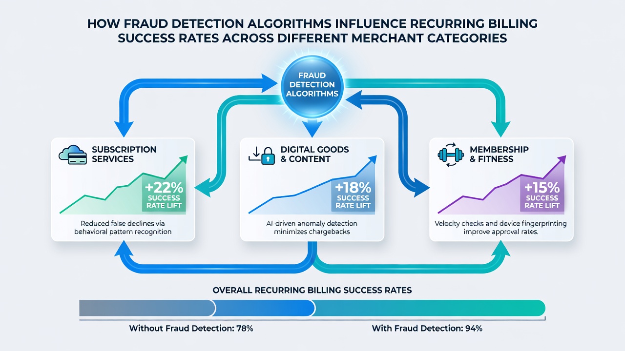 Comparison of billing success rates influenced by fraud detection in multiple merchant sectors