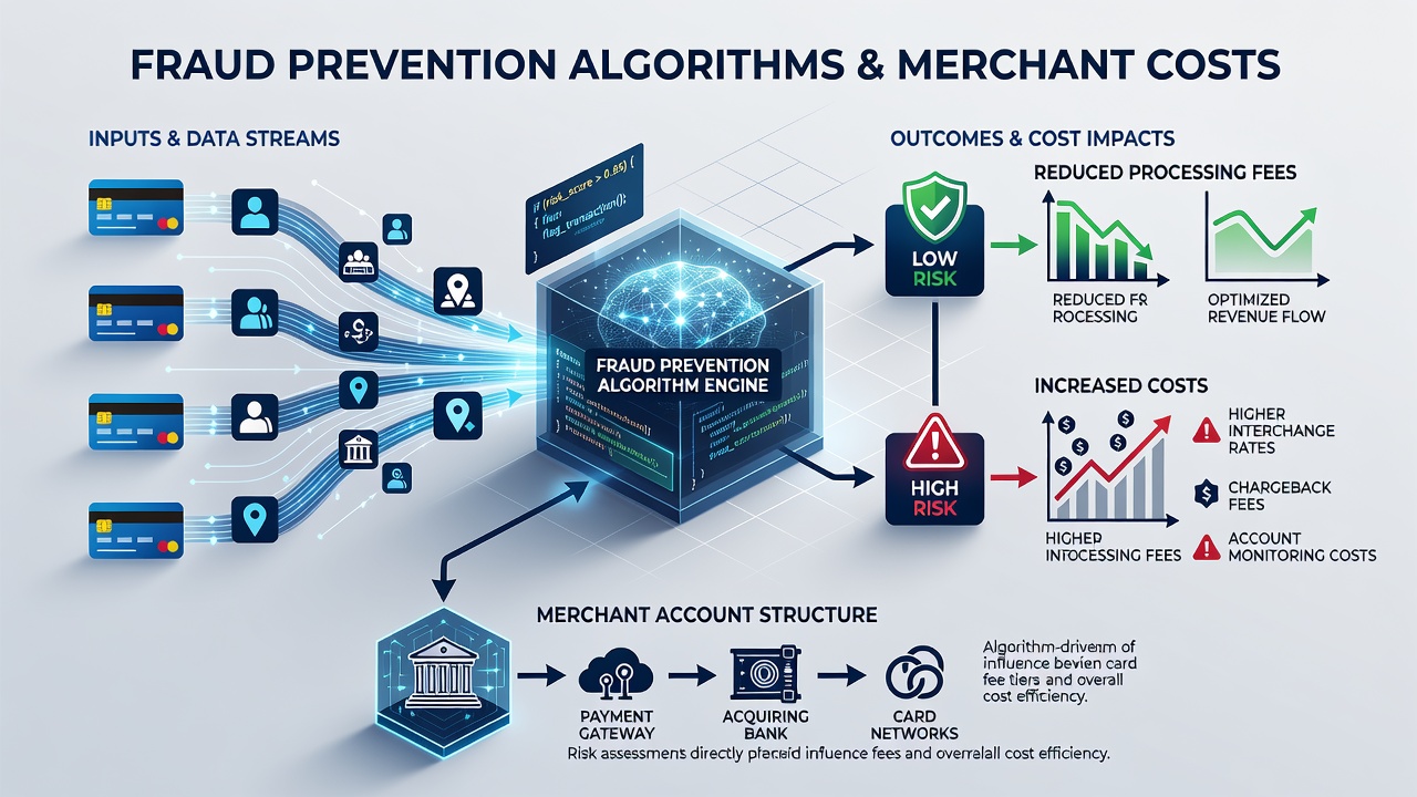 Flowchart illustrating how fraud algorithms impact transaction approval rates and associated merchant fees in subscription billing
