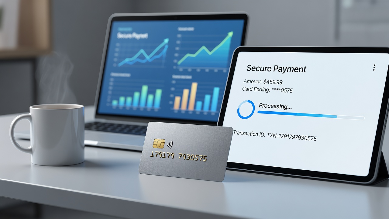 Illustration of secure payment processing with encryption layers and compliance checkpoints highlighted