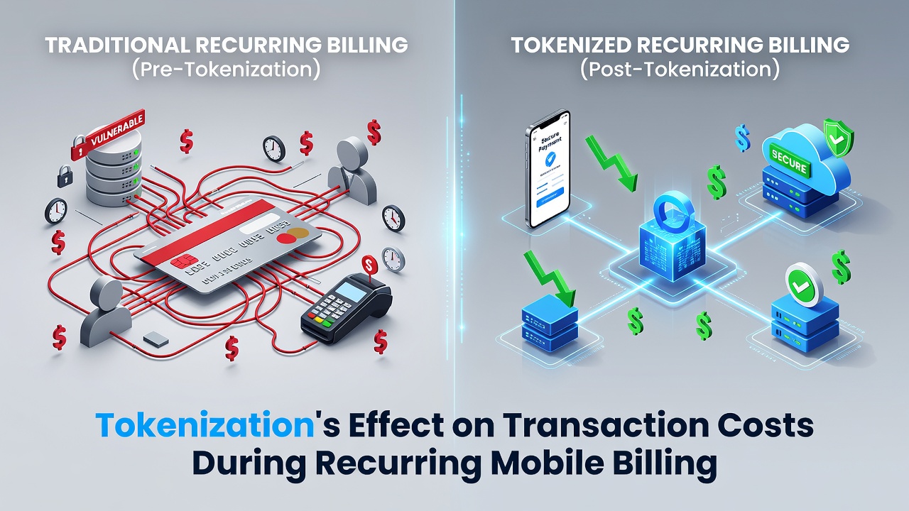 Illustration showing secure tokenization process in mobile billing systems with encrypted data flows