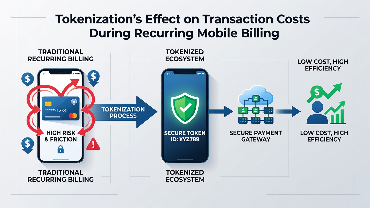 Graph depicting declining transaction cost trends after tokenization implementation in mobile recurring payments