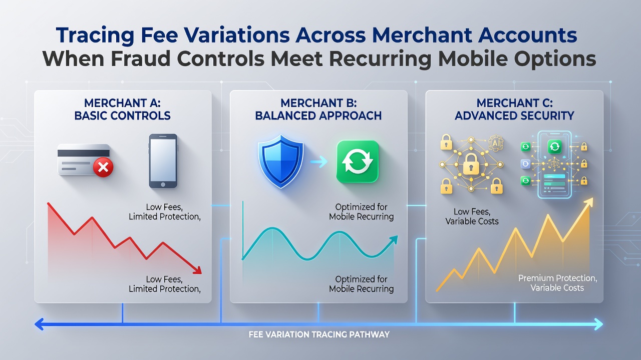 Diagram showing merchant account fee components including fraud detection layers and recurring mobile billing structures